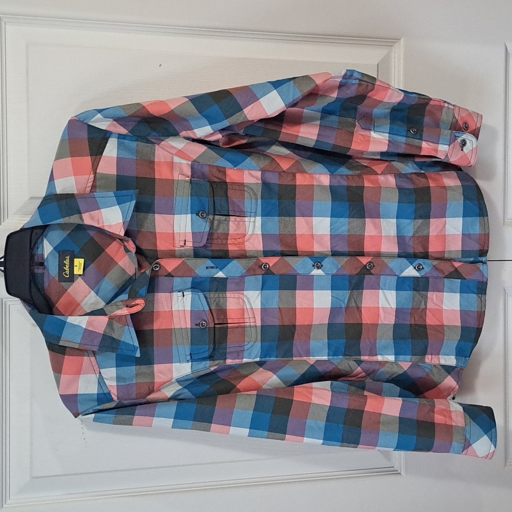 Cabela's Plaid Button-Down Shirt - Blue Coral Pink - S